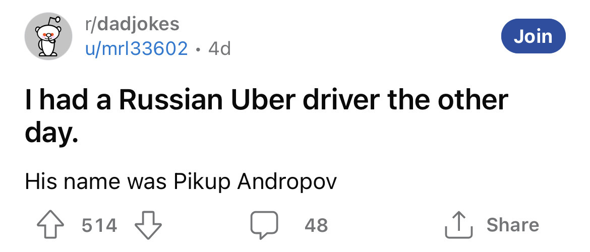 diagram - rdadjokes umrl33602 4d I had a Russian Uber driver the other day. His name was Pikup Andropov 514 48 Join
