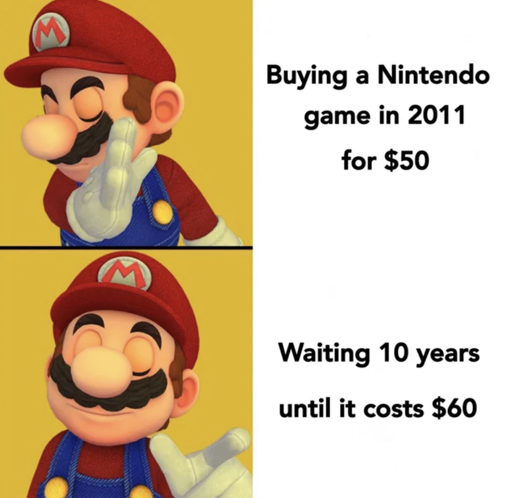 cartoon - Buying a Nintendo game in 2011 for $50 Waiting 10 years until it costs $60