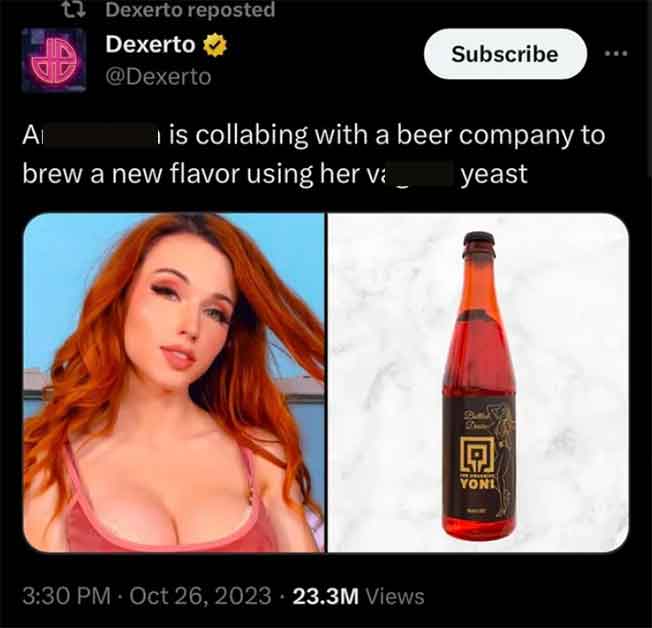 glass bottle - t Dexerto reposted Dexerto A brew a new flavor using her v is collabing with a beer company to yeast Subscribe 23.3M Views Represe Yoni