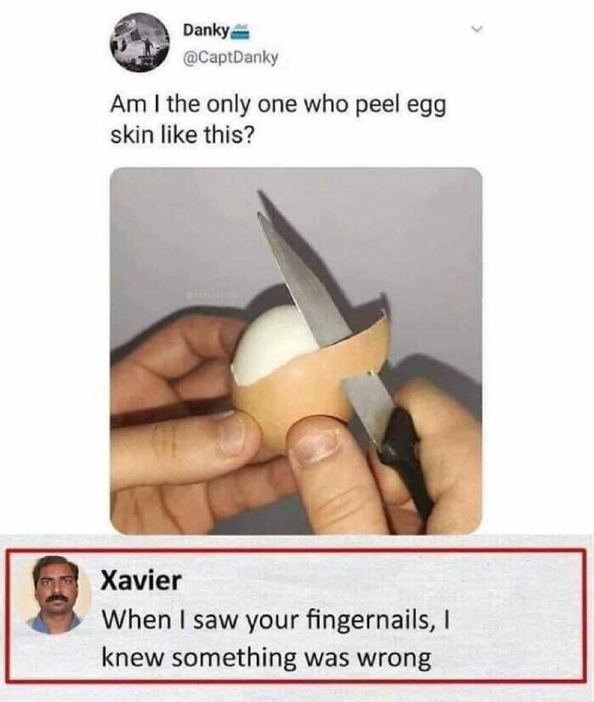 meme zone - Danky Am I the only one who peel egg skin this? Xavier When I saw your fingernails, I knew something was wrong >