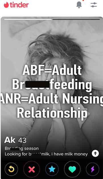 poster - tinder Abf Adult Bro feeding AnrAdult Nursing Relationship Ak 43 Brring season Looking for brmilk, i have milk money X
