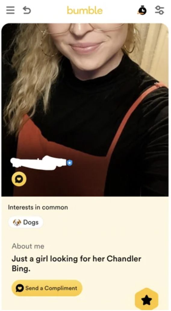 photo caption - bumble Interests in common Dogs About me Just a girl looking for her Chandler Bing. Send a Compliment 69
