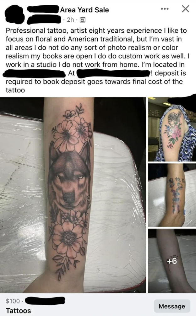 tattoo - Area Yard Sale 2h. E X Professional tattoo, artist eight years experience I to focus on floral and American traditional, but I'm vast in all areas I do not do any sort of photo realism or color realism my books are open I do do custom work as wel