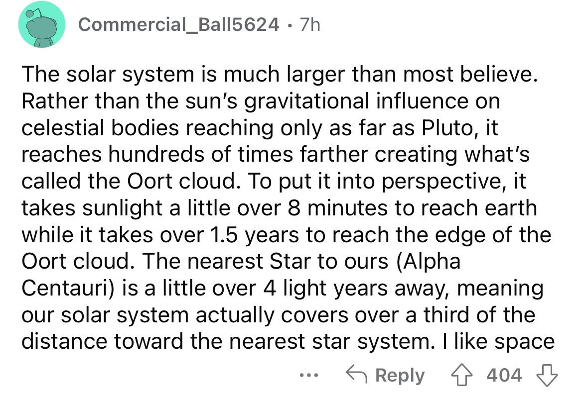 angle - Commercial_Ball5624 .7h The solar system is much larger than most believe. Rather than the sun's gravitational influence on celestial bodies reaching only as far as Pluto, it reaches hundreds of times farther creating what's called the Oort cloud.