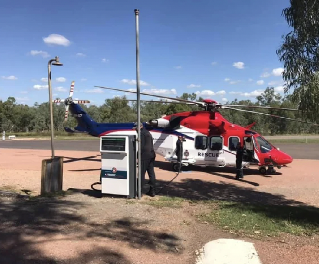 In the Outback, ambulance helicopters refuel with diesel from roadhouses.
