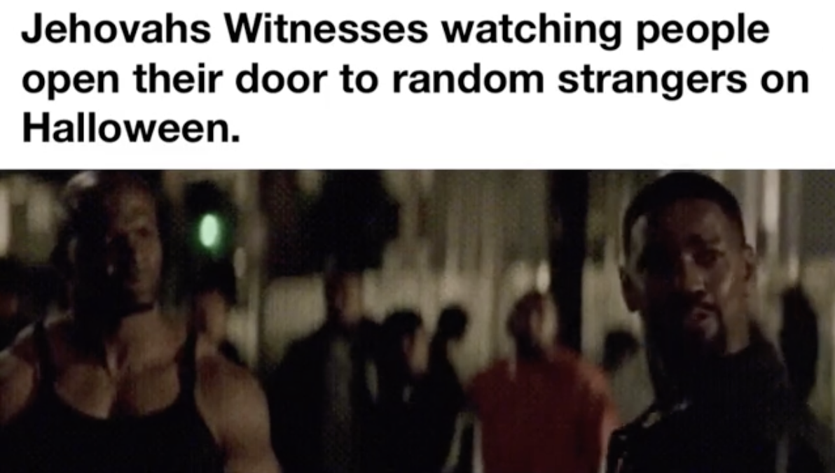 crowd - Jehovahs Witnesses watching people open their door to random strangers on Halloween.