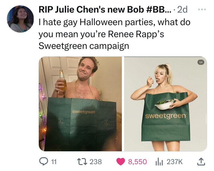 shoulder - Rip Julie Chen's new Bob .... 2d I hate gay Halloween parties, what do you mean you're Renee Rapp's Sweetgreen campaign 11 sweetgreen 1238 sweetgreen 8, 14