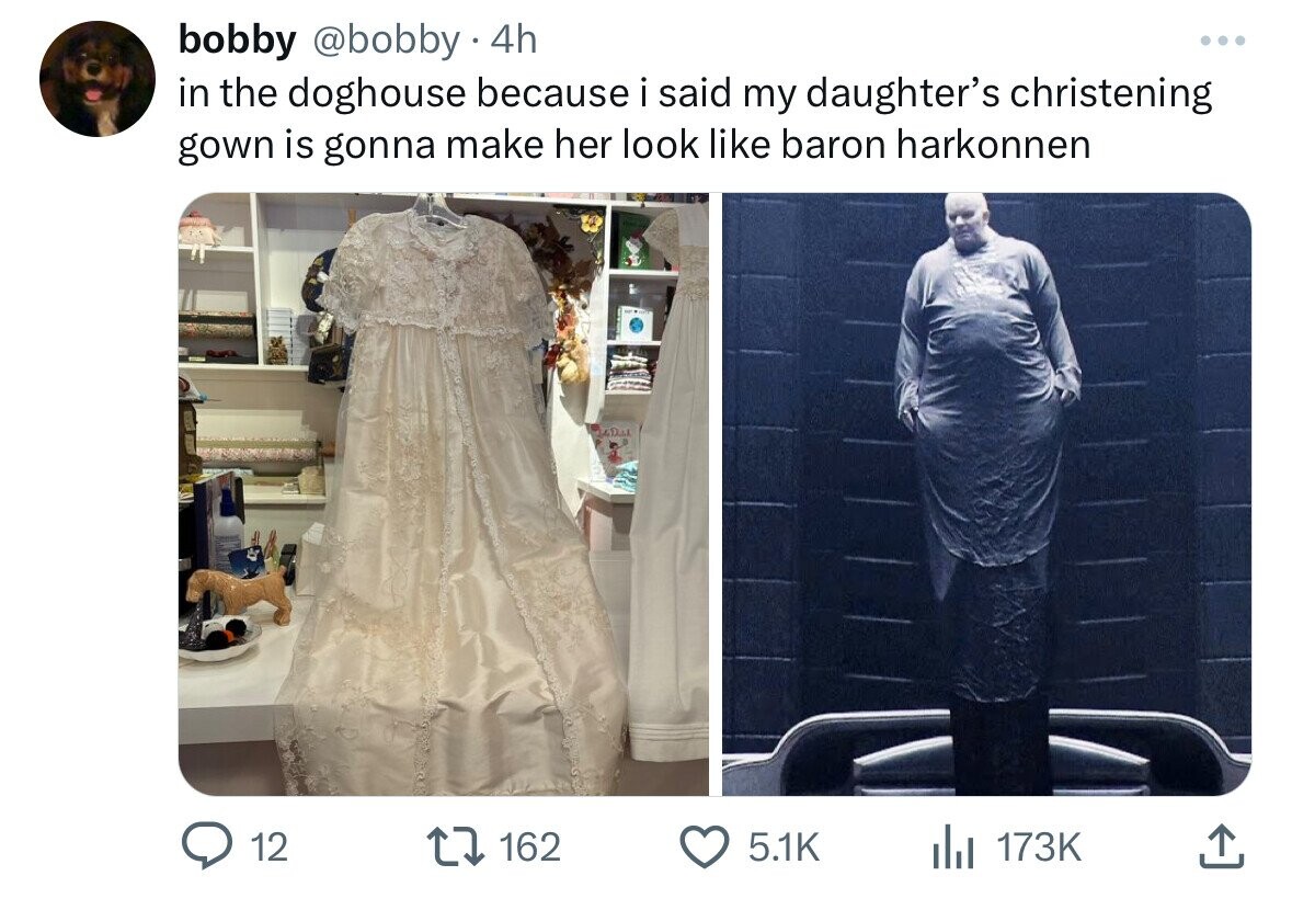 dress - bobby . 4h in the doghouse because i said my daughter's christening gown is gonna make her look baron harkonnen 12 1 162 Dak ...