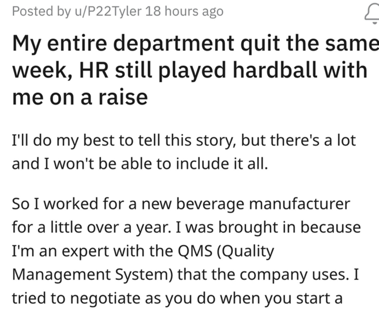 paper - Posted by uP22Tyler 18 hours ago C My entire department quit the same week, Hr still played hardball with me on a raise I'll do my best to tell this story, but there's a lot and I won't be able to include it all. So I worked for a new beverage man