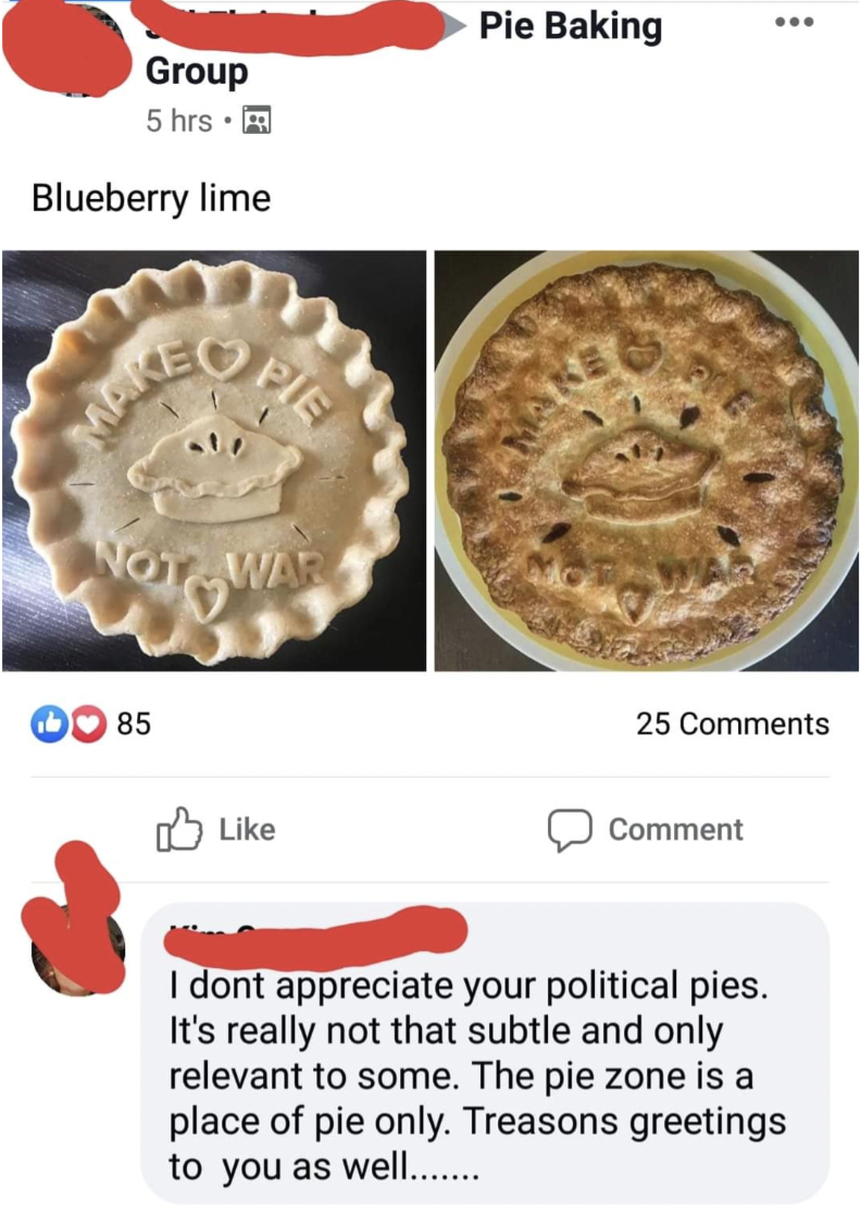 pie memes - Group 5 hrs. Blueberry lime Not War 85 Pie Baking 25 Comment I dont appreciate your political pies. It's really not that subtle and only relevant to some. The pie zone is a place of pie only. Treasons greetings to you as well.......