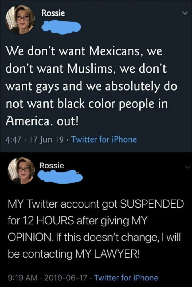 screenshot - Rossie We don't want Mexicans, we don't want Muslims, we don't want gays and we absolutely do not want black color people in America. out! 17 Jun 19 Twitter for iPhone Rossie My Twitter account got Suspended for 12 Hours after giving My Opini