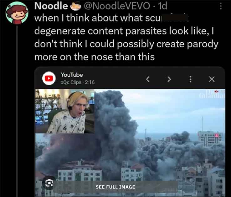 screenshot - Noodle . 1d when I think about what scu degenerate content parasites look , I don't think I could possibly create parody more on the nose than this O YouTube xQc Clips 100 See Full Image