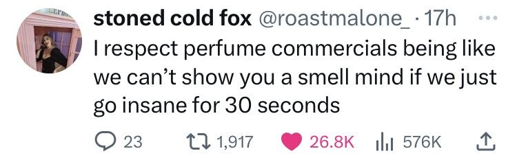 shoe - Ceta stoned cold fox . 17h I respect perfume commercials being we can't show you a smell mind if we just go insane for 30 seconds 1,917 23