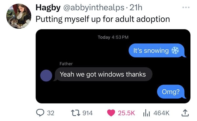 multimedia - Hagby . 21h Putting myself up for adult adoption 32 Today 1914 It's snowing Father Yeah we got windows thanks Omg?