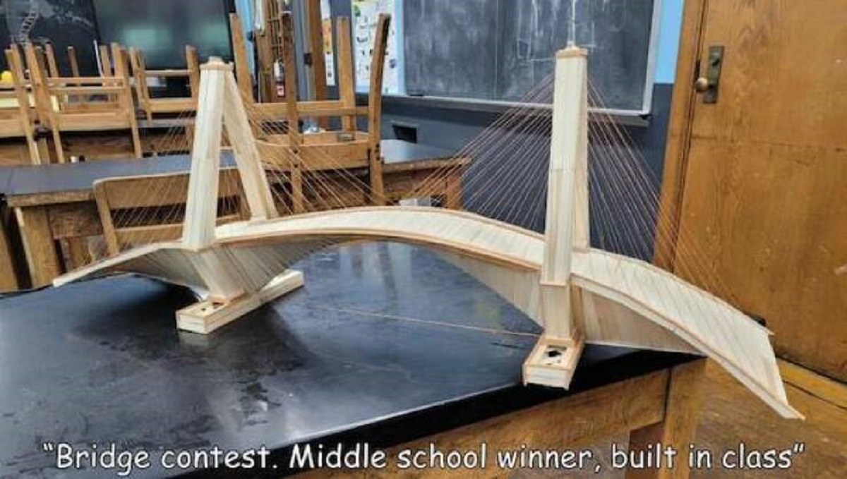 table - "Bridge contest. Middle school winner, built in class"