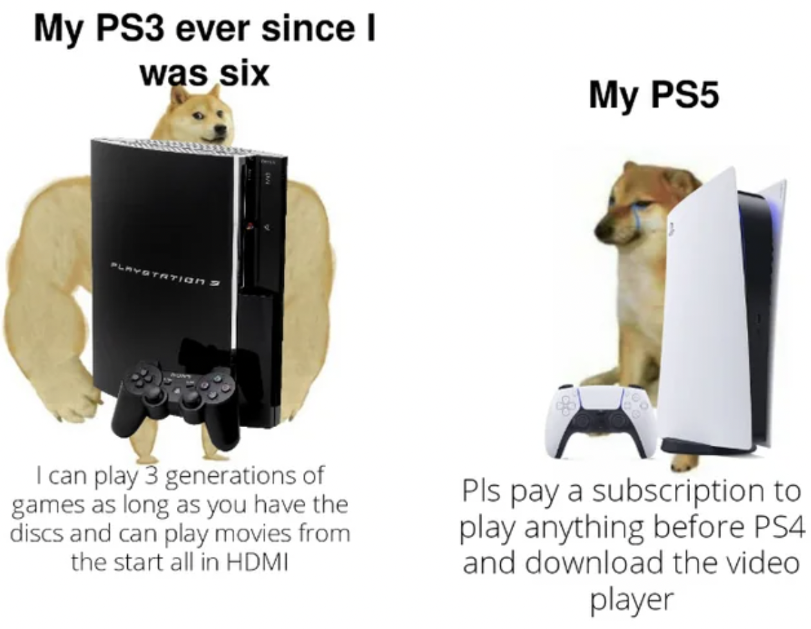 pet - My PS3 ever since I was six Lavotation I can play 3 generations of games as long as you have the discs and can play movies from the start all in Hdmi My PS5 Pls pay a subscription to play anything before PS4 and download the video player