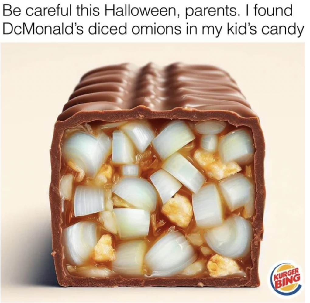 praline - Be careful this Halloween, parents. I found DcMonald's diced omions in my kid's candy Kurger Bing