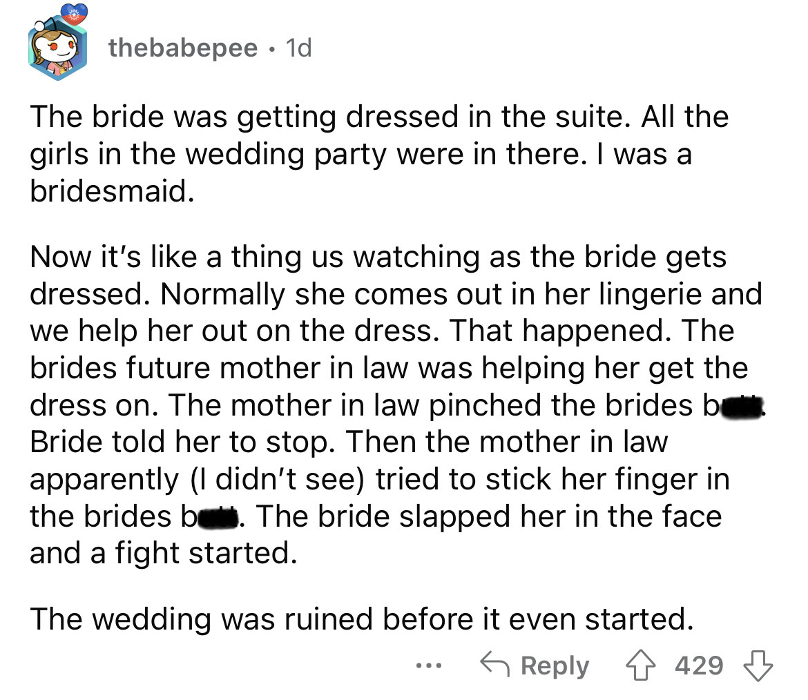 angle - O thebabepee . 1d The bride was getting dressed in the suite. All the girls in the wedding party were in there. I was a bridesmaid. Now it's a thing us watching as the bride gets dressed. Normally she comes out in her lingerie and we help her out 