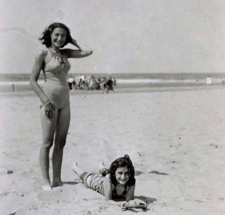 Anne Frank, photographed with her sister Margot at the beach in Zandvoort, Netherlands, in 1940. Anne was in the Bergen-Belsen concentration camp by February or March of 1945. Had she made it a few more weeks, she likely would have been saved by British troops who liberated the camp on 15 April 1945.