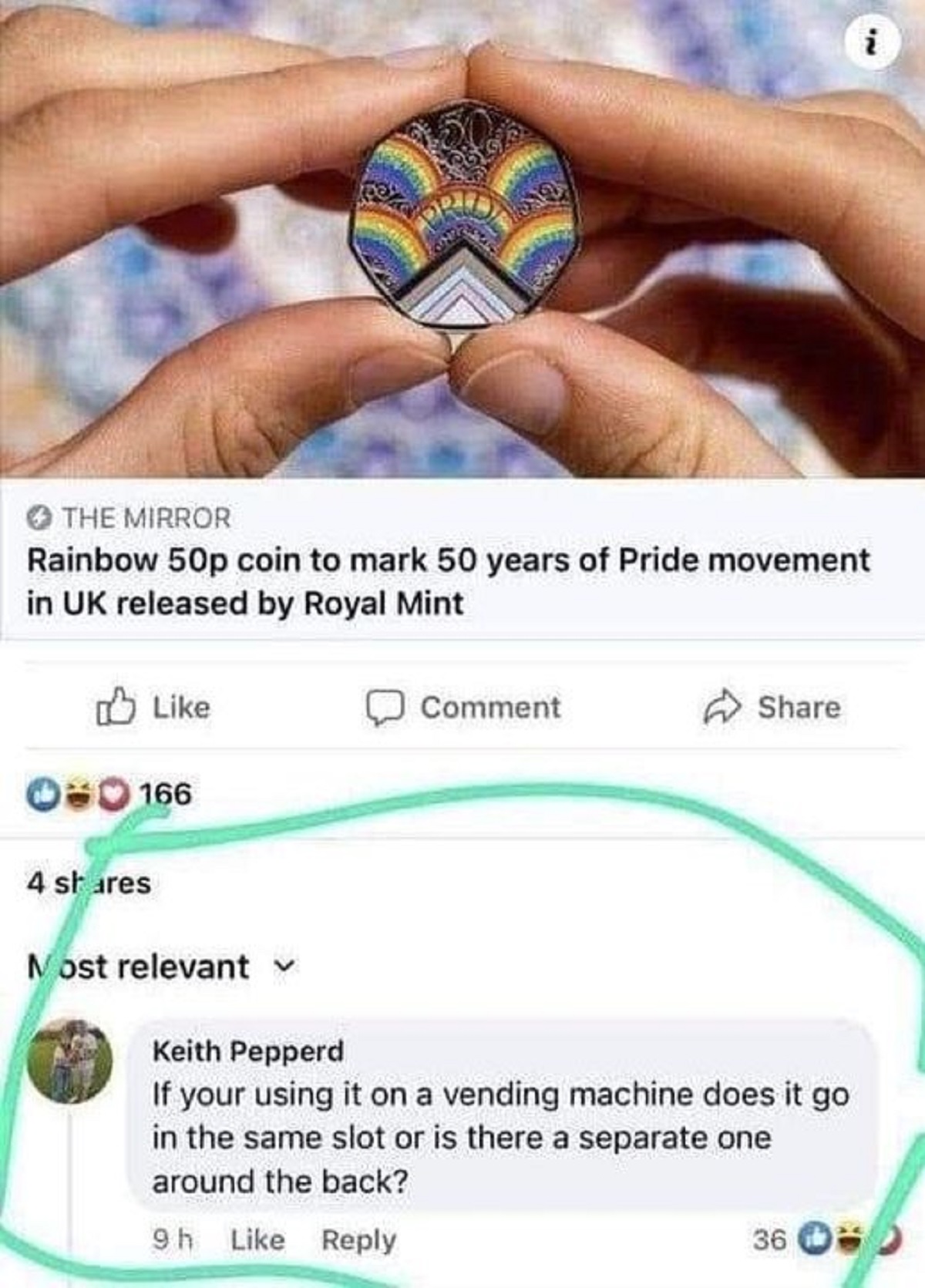 hand - The Mirror Rainbow 50p coin to mark 50 years of Pride movement in Uk released by Royal Mint 0166 4 stares Most relevant Comment Keith Pepperd If your using it on a vending machine does it go in the same slot or is there a separate one around the ba