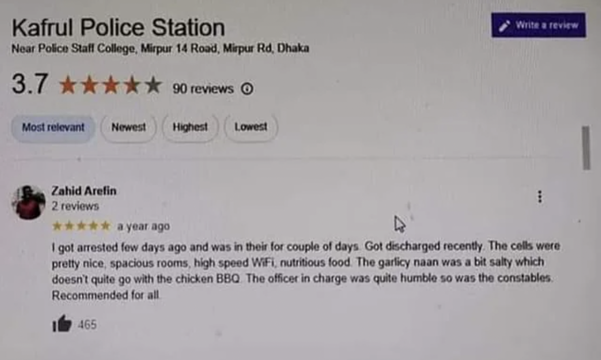 document - Kafrul Police Station Near Police Staff College, Mirpur 14 Road, Mirpur Rd, Dhaka 3.7 90 reviews O Most relevant Newest Zahid Arefin 2 reviews Lowest 465 Write a review a year ago I got arrested few days ago and was in their for couple of days.