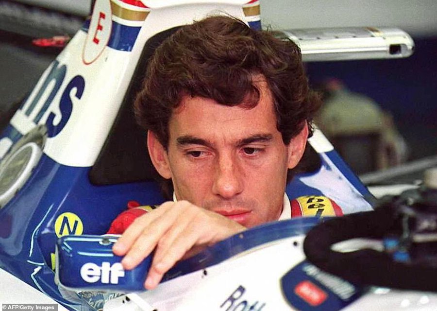 Photo of Brazilian Formula One driver Ayrton Senna, taken right before the race where he would perish in a fiery crash in Italy, 1994.