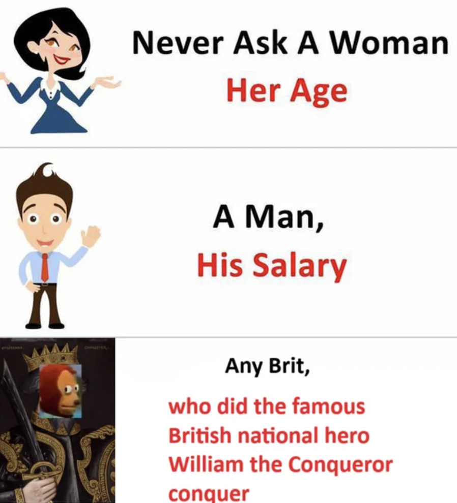 cartoon - A Never Ask A Woman Her Age A Man, His Salary Any Brit, who did the famous British national hero William the Conqueror conquer