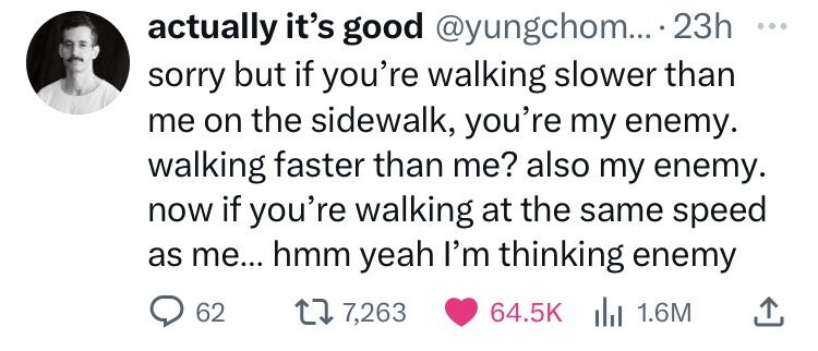 smile - actually it's good .... 23h sorry but if you're walking slower than me on the sidewalk, you're my enemy. walking faster than me? also my enemy. now if you're walking at the same speed as me... hmm yeah I'm thinking enemy 17,263 62 Ii 1.6M