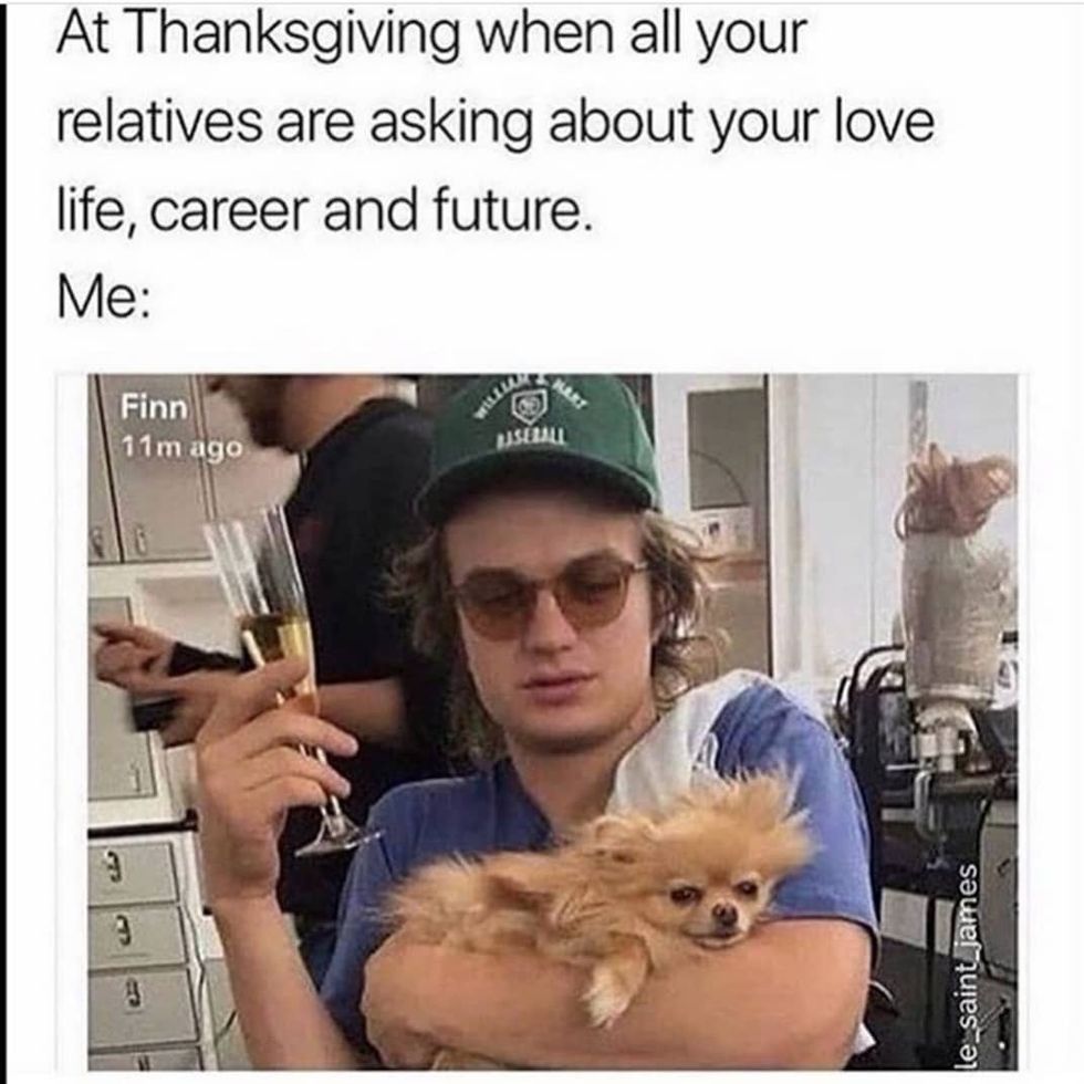 family thanksgiving memes - At Thanksgiving when all your relatives are asking about your love life, career and future. Me Gr Finn 11m ago 3 3 B Willia Hart Baseball le saint james