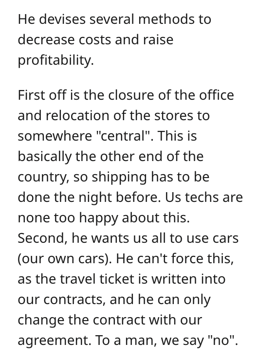 angle - He devises several methods to decrease costs and raise profitability. First off is the closure of the office and relocation of the stores to somewhere "central". This is basically the other end of the country, so shipping has to be done the night 
