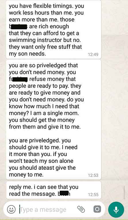 paper - you have flexible timings. you work less hours than me. you earn more than me. those are rich enough that they can afford to get a swimming instructor but no. they want only free stuff that my son needs. you are so priveledged that you don't need 