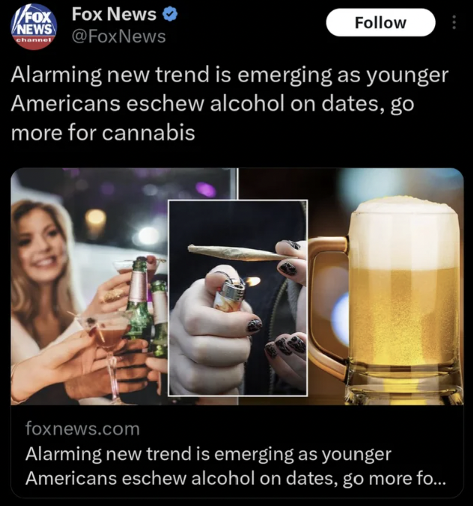 drink - Fox Fox News News Channel Alarming new trend is emerging as younger Americans eschew alcohol on dates, go more for cannabis foxnews.com Alarming new trend is emerging as younger Americans eschew alcohol on dates, go more fo...