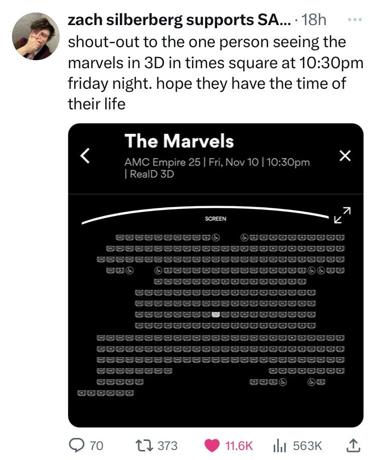 media - zach silberberg supports Sa... . 18h shoutout to the one person seeing the marvels in 3D in times square at pm friday night. hope they have the time of their life 00000 The Marvels Amc Empire 25 | Fri, Nov 10 | pm | RealD 3D na 70 000 00100 a gaga
