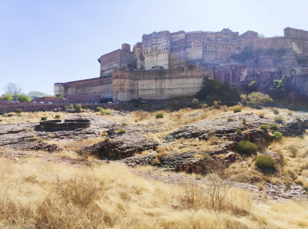 Mehrangarh Fort with the well/jail from "The Dark Knight Rises" on the left, Jodhpur, India.