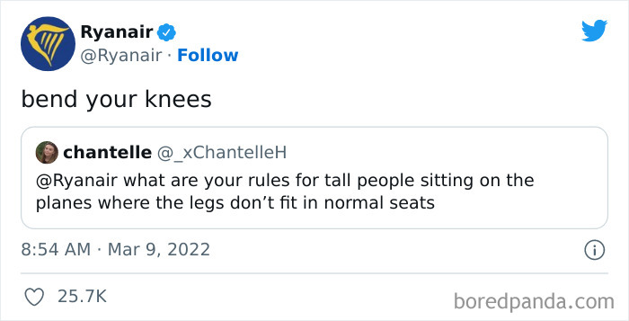 ryanair tweet - Ryanair bend your knees chantelle what are your rules for tall people sitting on the planes where the legs don't fit in normal seats boredpanda.com
