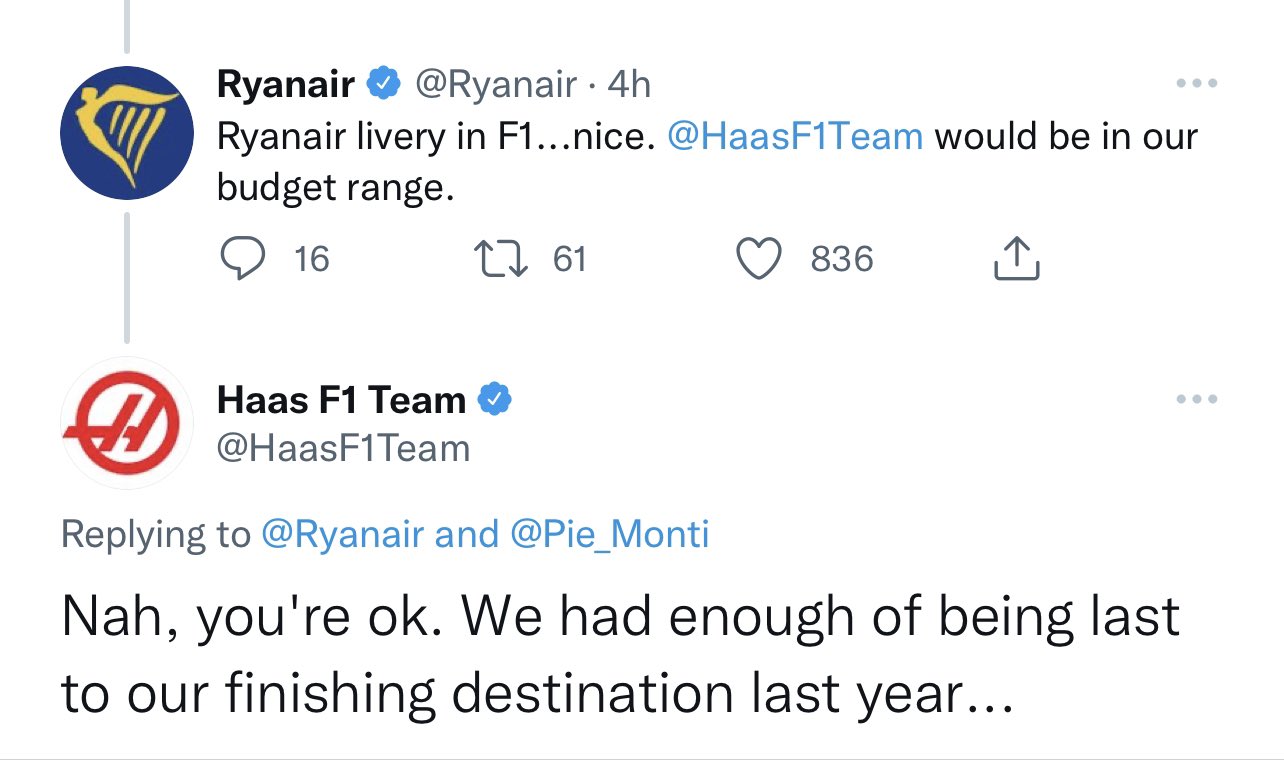 angle - Ryanair . 4h Ryanair livery in F1...nice. F1 Team would be in our budget range. 16 1 61 836 Haas F1 Team A F1 Team and Nah, you're ok. We had enough of being last to our finishing destination last year...