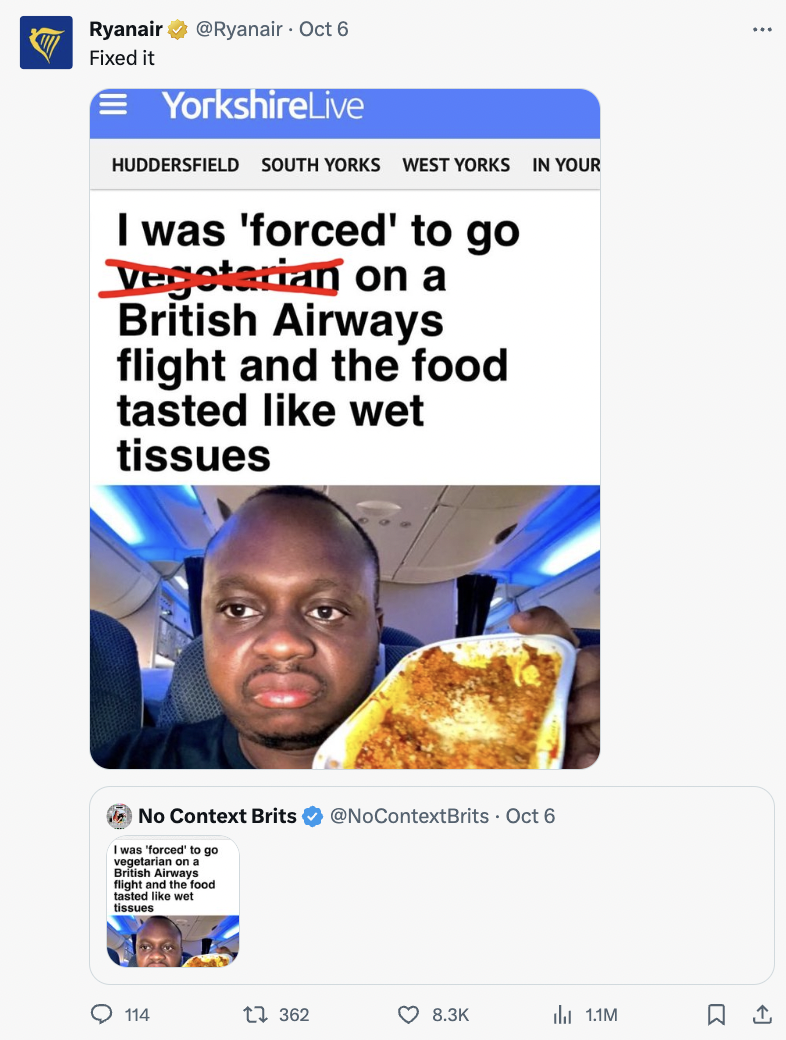 media - B Ryanair Oct 6 Fixed it YorkshireLive Huddersfield South Yorks West Yorks In Your I was 'forced' to go vegetarian on a British Airways flight and the food tasted wet tissues No Context Brits Oct 6 was forced to go vegetarian on Bh Airways fight a