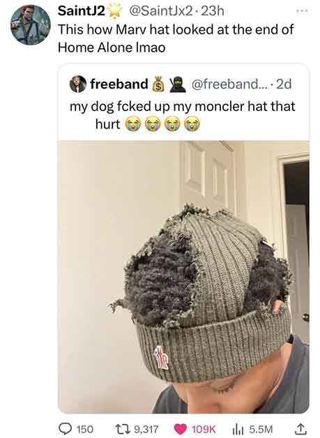 knit cap - SaintJ2 .23h This how Marv hat looked at the end of Home Alone Imao freeband .... 2d my dog fcked up my moncler hat that hurt 150 1 9, 5.5M