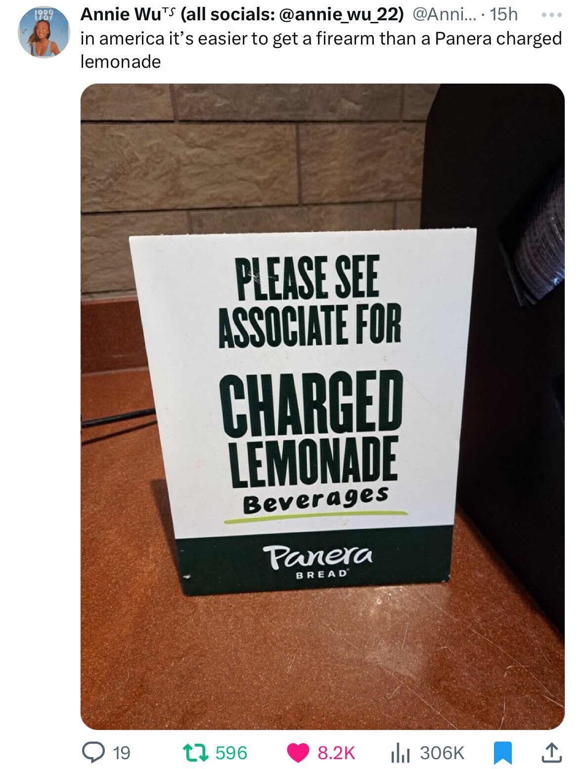 carton - 1999 1767 Annie WuTS all socials .... 15h in america it's easier to get a firearm than a Panera charged lemonade 19 Please See Associate For Charged Lemonade Beverages t 596 Panera Bread il