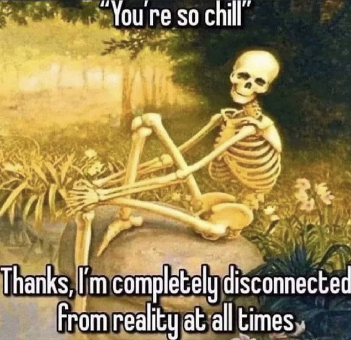disconnected from reality meme - "You're so chill" Thanks, I'm completely disconnected from reality at all times