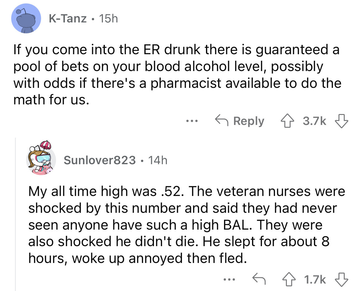 angle - KTanz 15h If you come into the Er drunk there is guaranteed a pool of bets on your blood alcohol level, possibly with odds if there's a pharmacist available to do the math for us. Sunlover823 14h ... My all time high was .52. The veteran nurses we