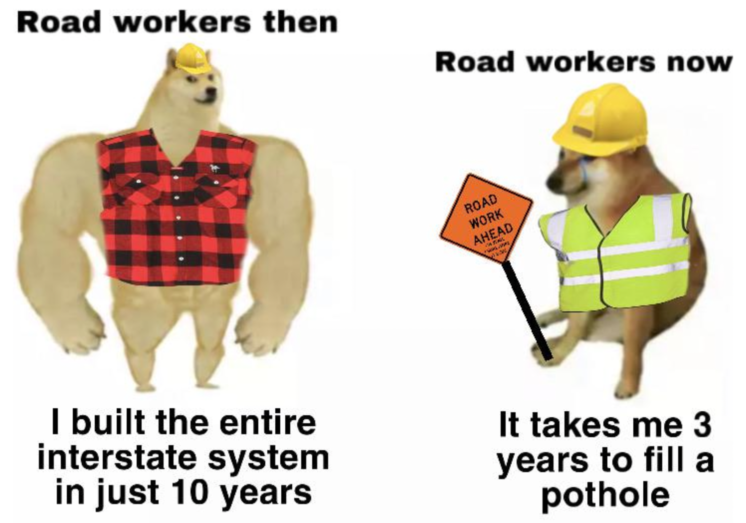 design - Road workers then I built the entire interstate system in just 10 years Road workers now Road Work Ahead Hea It takes me 3 years to fill a pothole