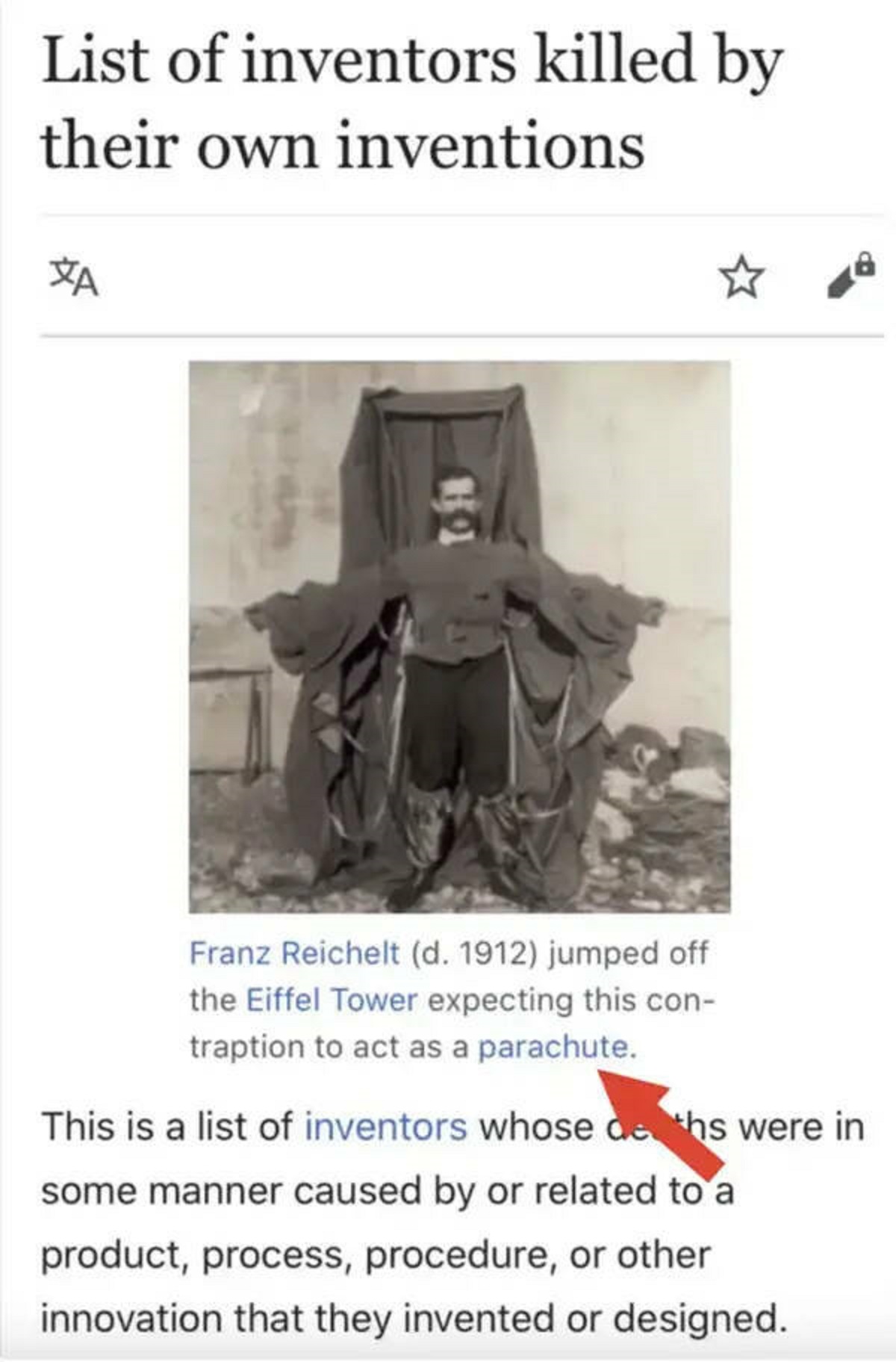 angle - List of inventors killed by their own inventions Xa Franz Reichelt d. 1912 jumped off the Eiffel Tower expecting this con traption to act as a parachute. This is a list of inventors whose deaths were in some manner caused by or related to a produc