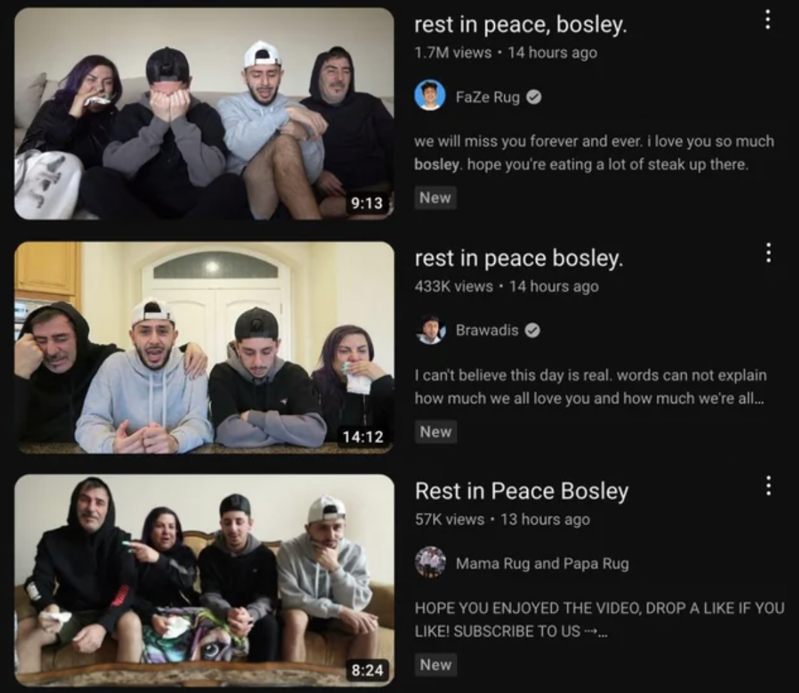 presentation - Ca New rest in peace, bosley. 1.7M views 14 hours ago FaZe Rug we will miss you forever and ever. i love you so much bosley. hope you're eating a lot of steak up there. ... New rest in peace bosley. views 14 hours ago Brawadis I can't belie