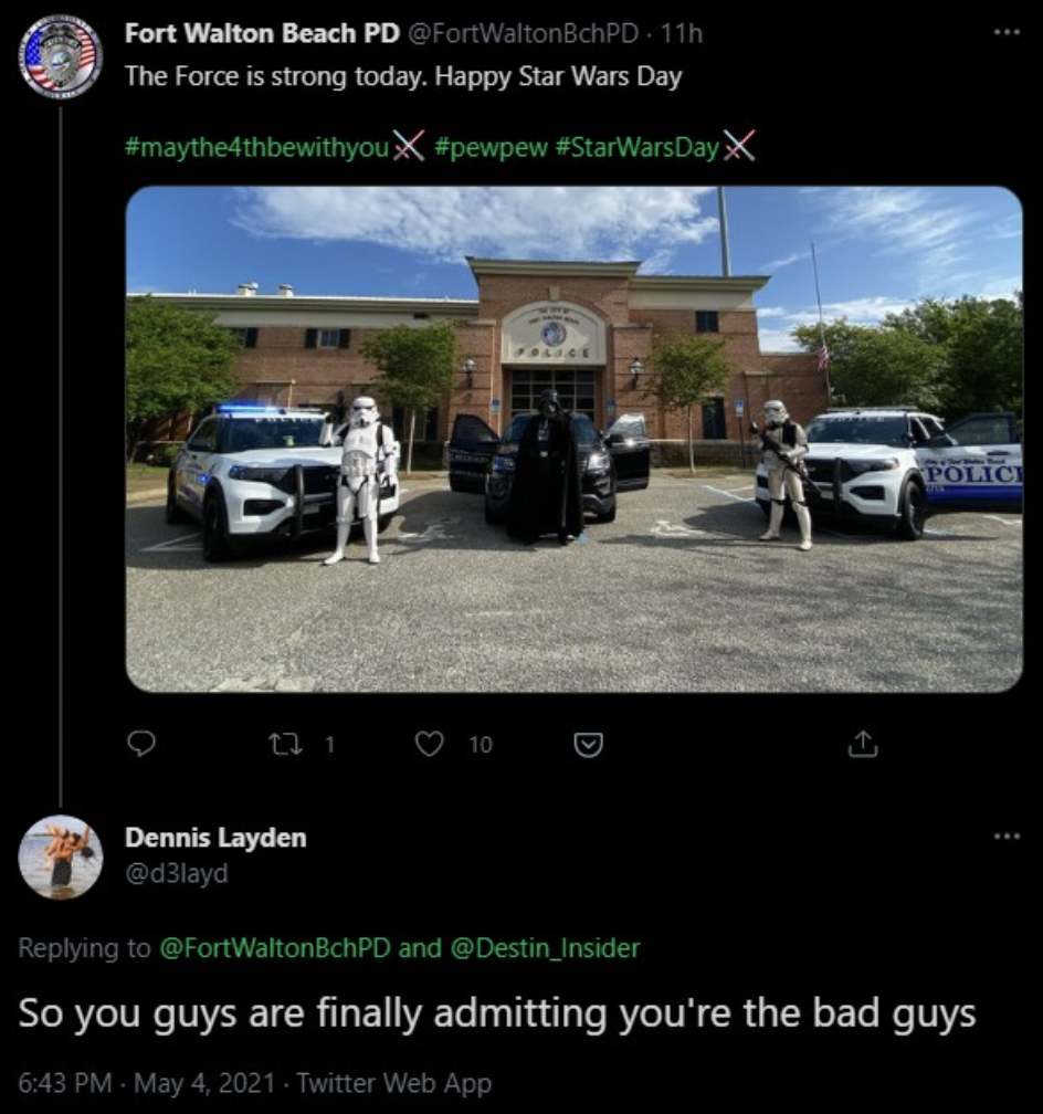 family car - Fort Walton Beach Pd 11h The Force is strong today. Happy Star Wars Day X 12 1 Dennis Layden 10 Facile Polici WaltonBchPD and So you guys are finally admitting you're the bad guys . Twitter Web App