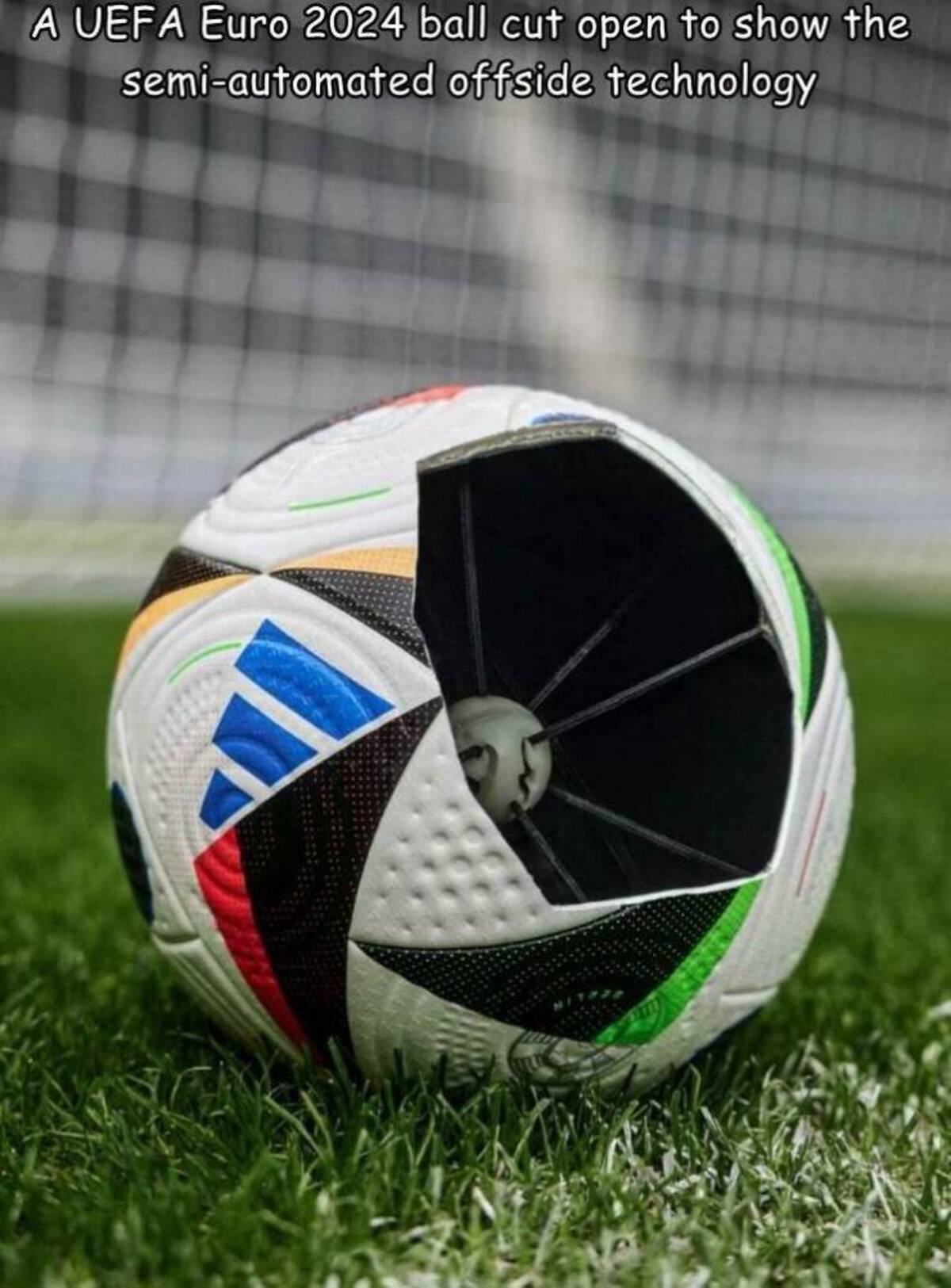 ball - A Uefa Euro 2024 ball cut open to show the semiautomated offside technology