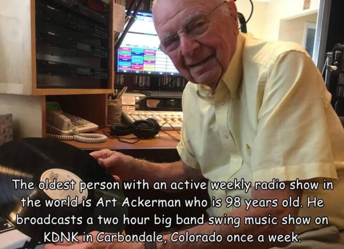 photo caption - The oldest person with an active weekly radio show in the world is Art Ackerman who is 98 years old. He broadcasts a two hour big band swing music show on Kdnk in Carbondale, Colorado once a week.
