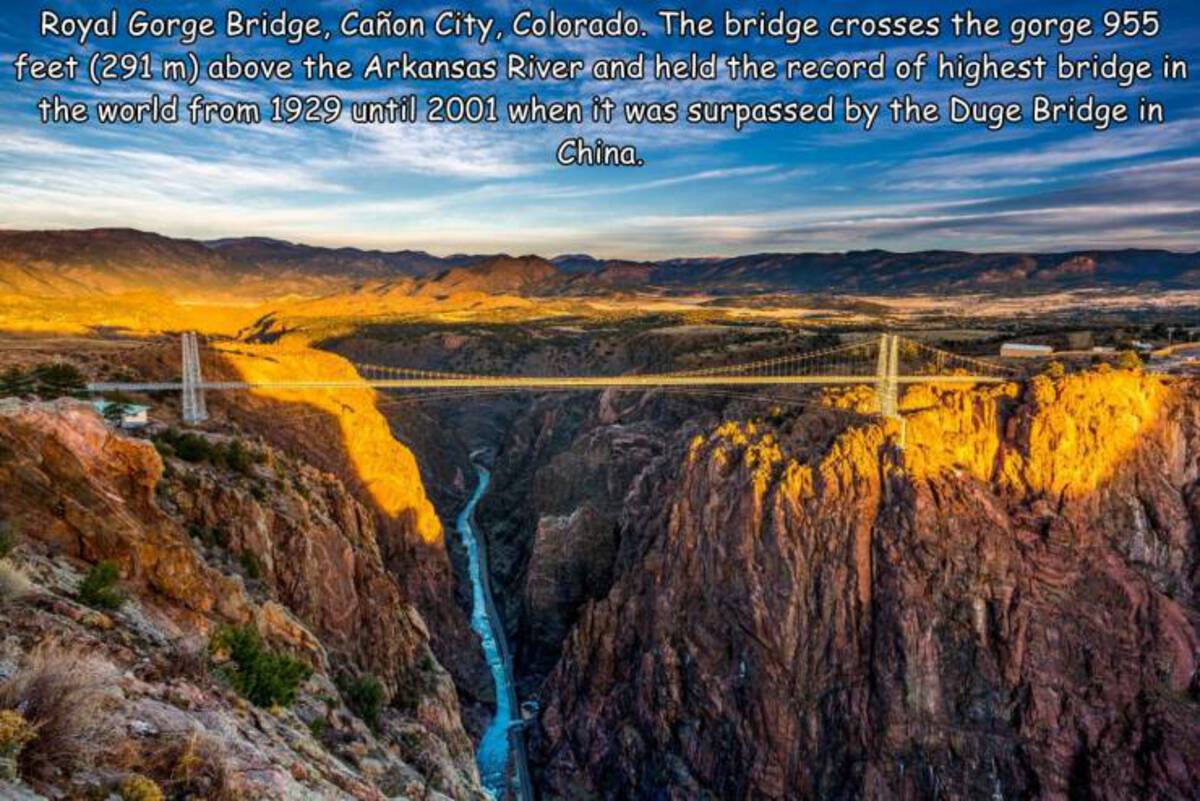royal gorge colorado - Royal Gorge Bridge, Caon City, Colorado. The bridge crosses the gorge 955 feet 291 m above the Arkansas River and held the record of highest bridge in the world from 1929 until 2001 when it was surpassed by the Duge Bridge in China.