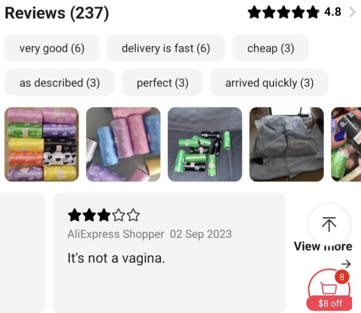 plastic - Reviews 237 very good 6 as described 3 delivery is fast 6 perfect 3 cheap 3 arrived quickly 3 AliExpress Shopper It's not a vagina. 4.8 View more 8 $8 off