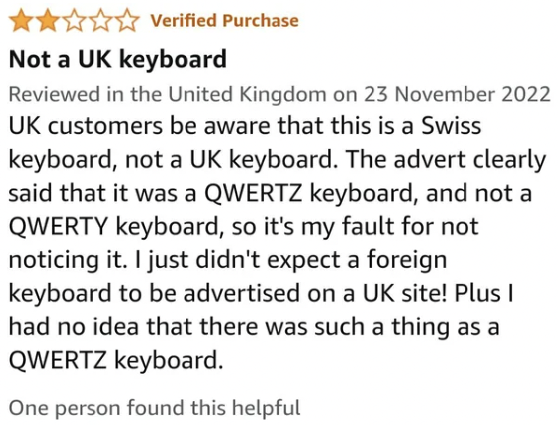 paper - Verified Purchase Not a Uk keyboard Reviewed in the United Kingdom on Uk customers be aware that this is a Swiss keyboard, not a Uk keyboard. The advert clearly said that it was a Qwertz keyboard, and not a Qwerty keyboard, so it's my fault for no